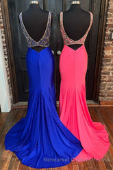 Royal Blue V-Neck Open Back Mermaid Long Semi Formal Prom Dress